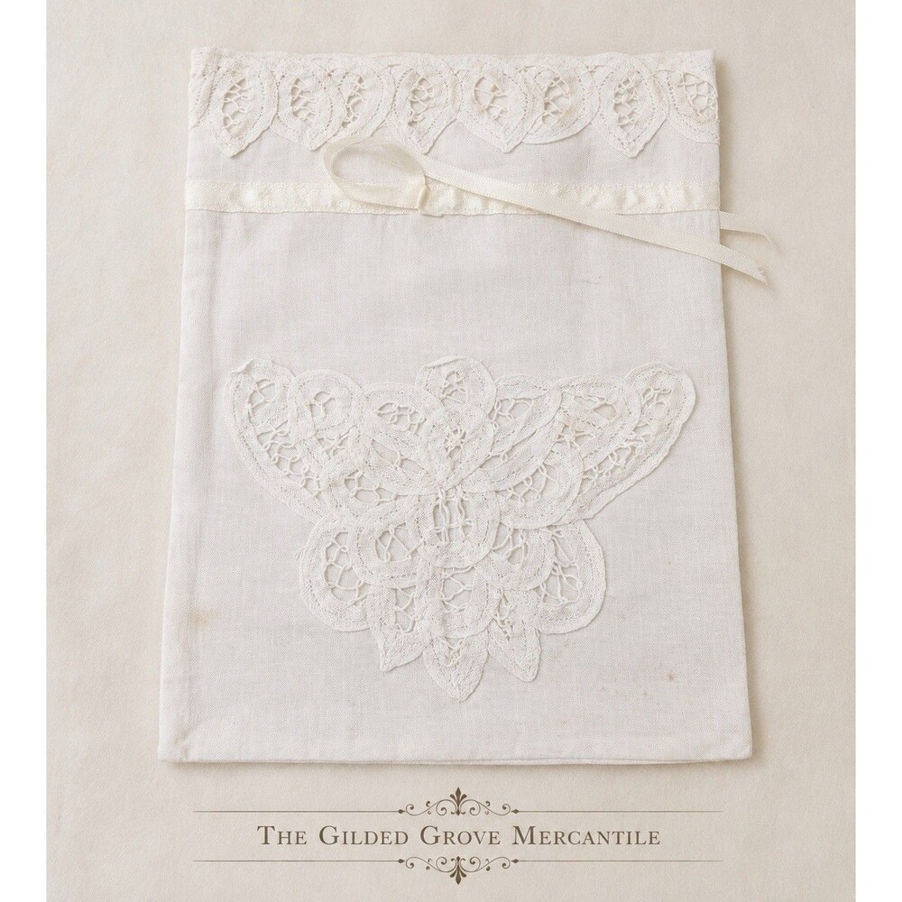 Vintage White Linen Lingerie Bag Hand Lace Floral Drawstring Bridal Wedding